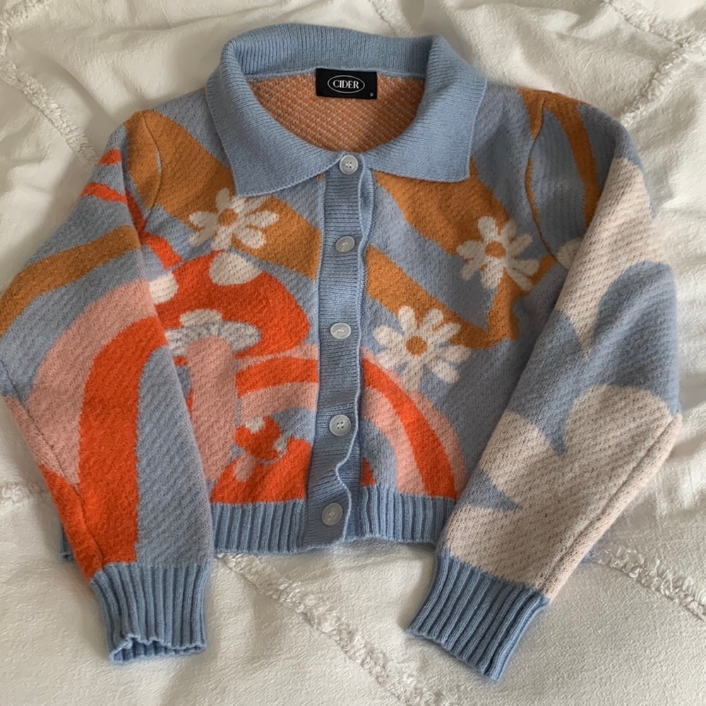 Funky Mushroom and Flower Multicolored Collared Cardigan